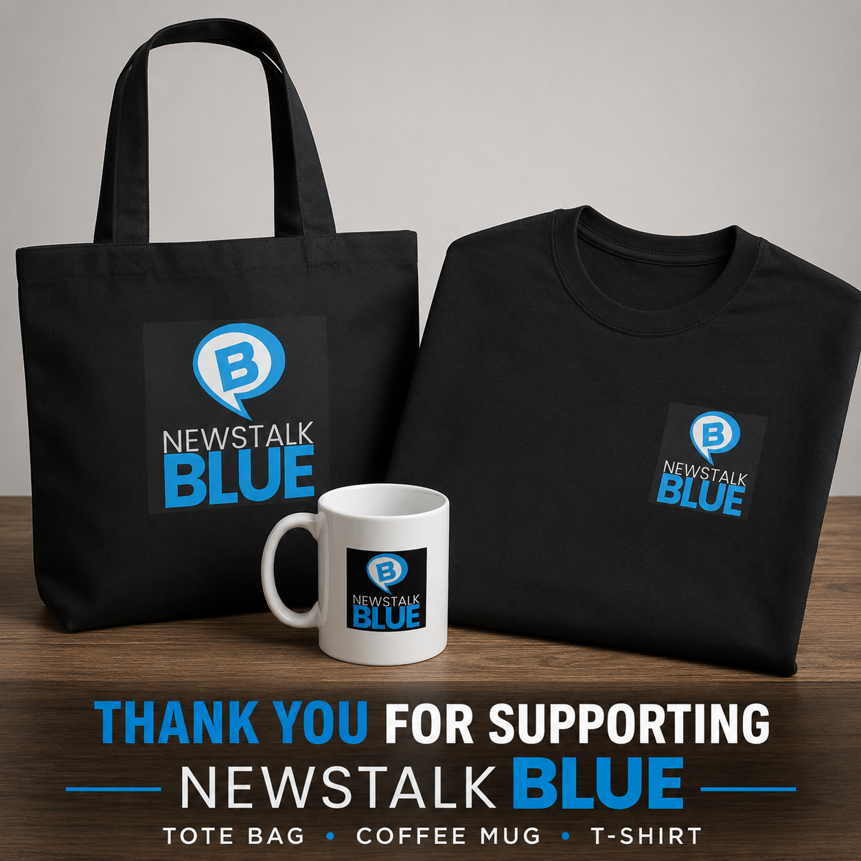 NewsTalk BLUE Tote Bag, Mug, and T-Shirt